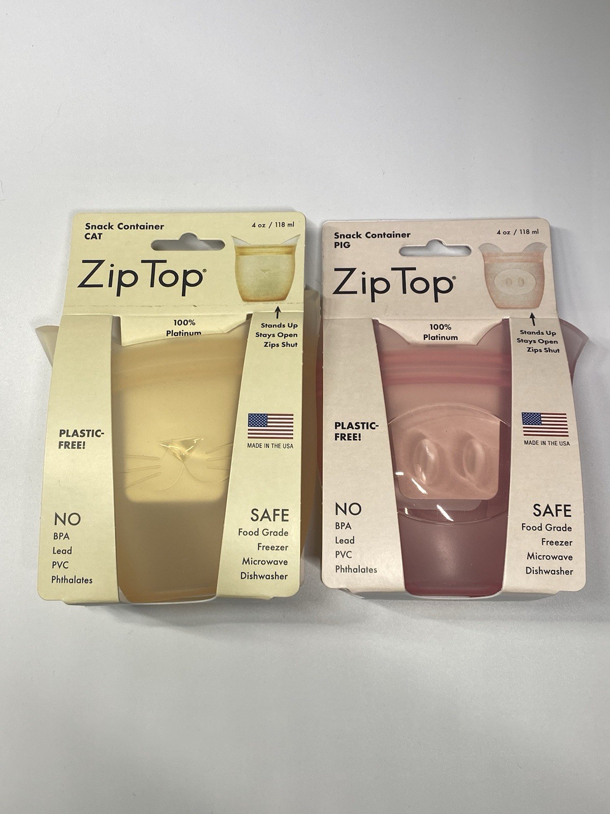 Zip Top 4 oz Silicone Reusable Pig/Cat Snack Container 2 pack (1 of each) New