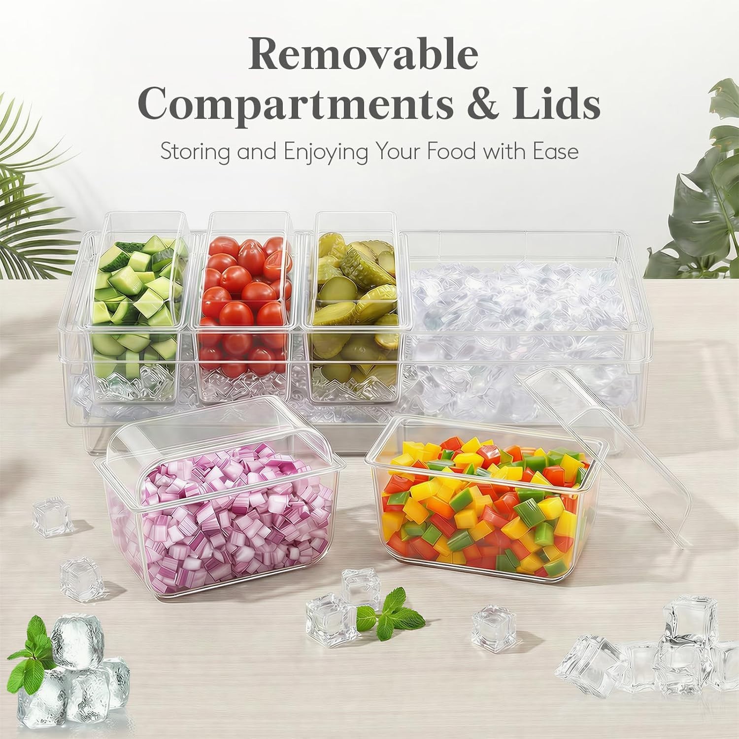 Lifewit 2-Piece Condiment Caddy Set with Lids Ice Garnish Tray Clear Plastic