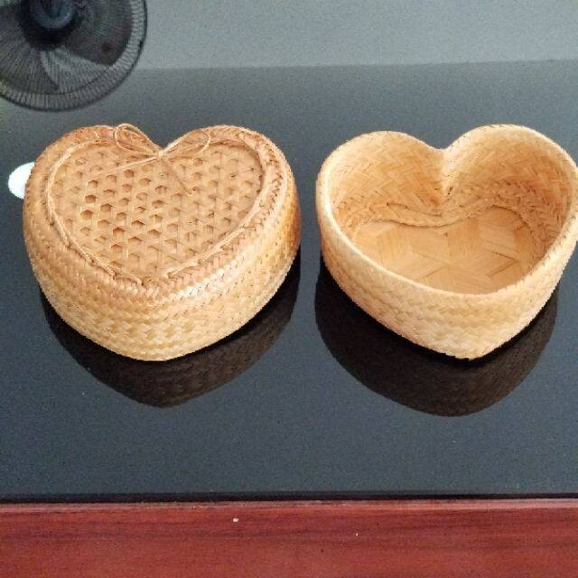 5″Heart Kratip Bamboo Thai Basket StickyRice Woven Primitive Gathering Handmade