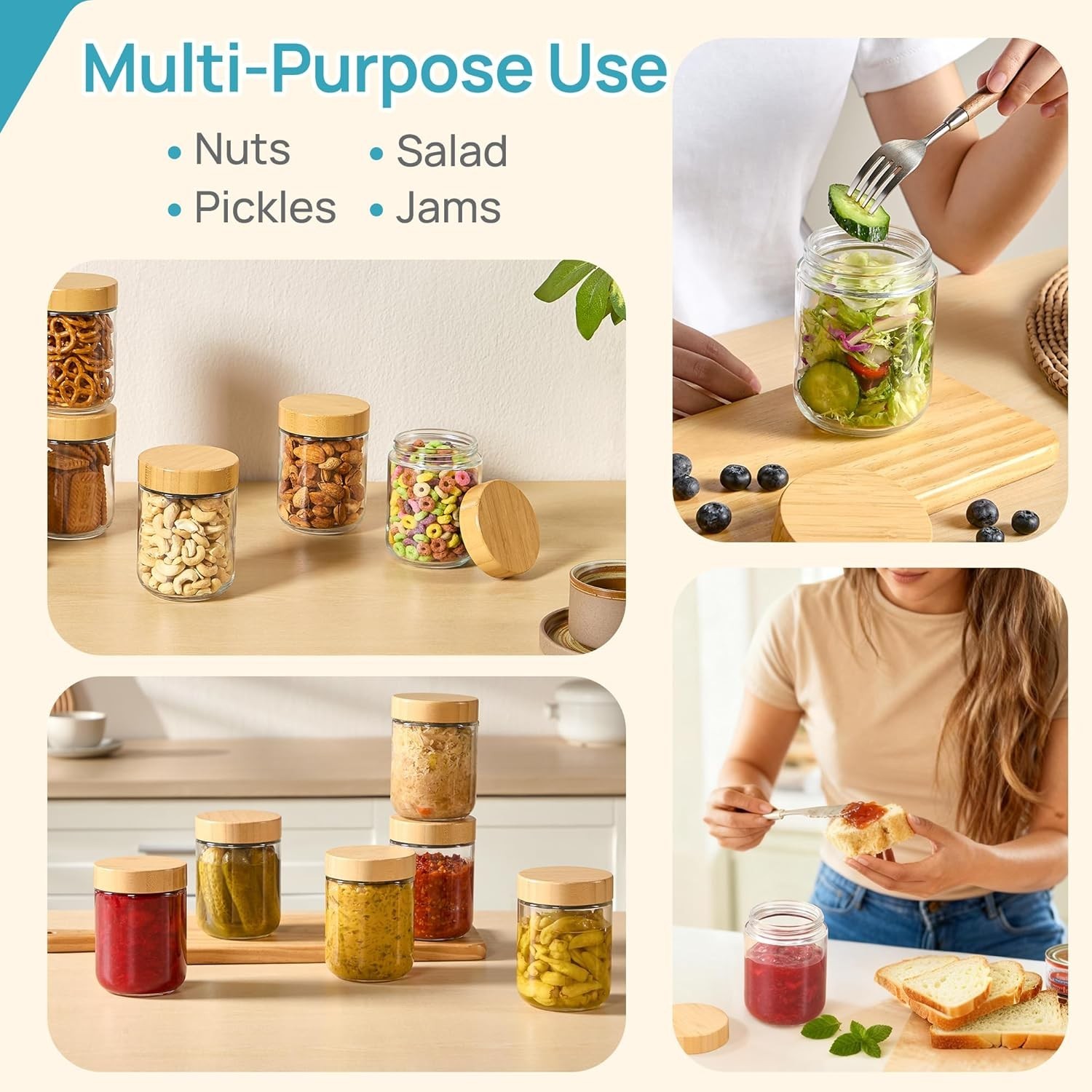 6 Pack 16oz Glass Overnight Oats Containers with Bamboo Lids, Portable Wide M…