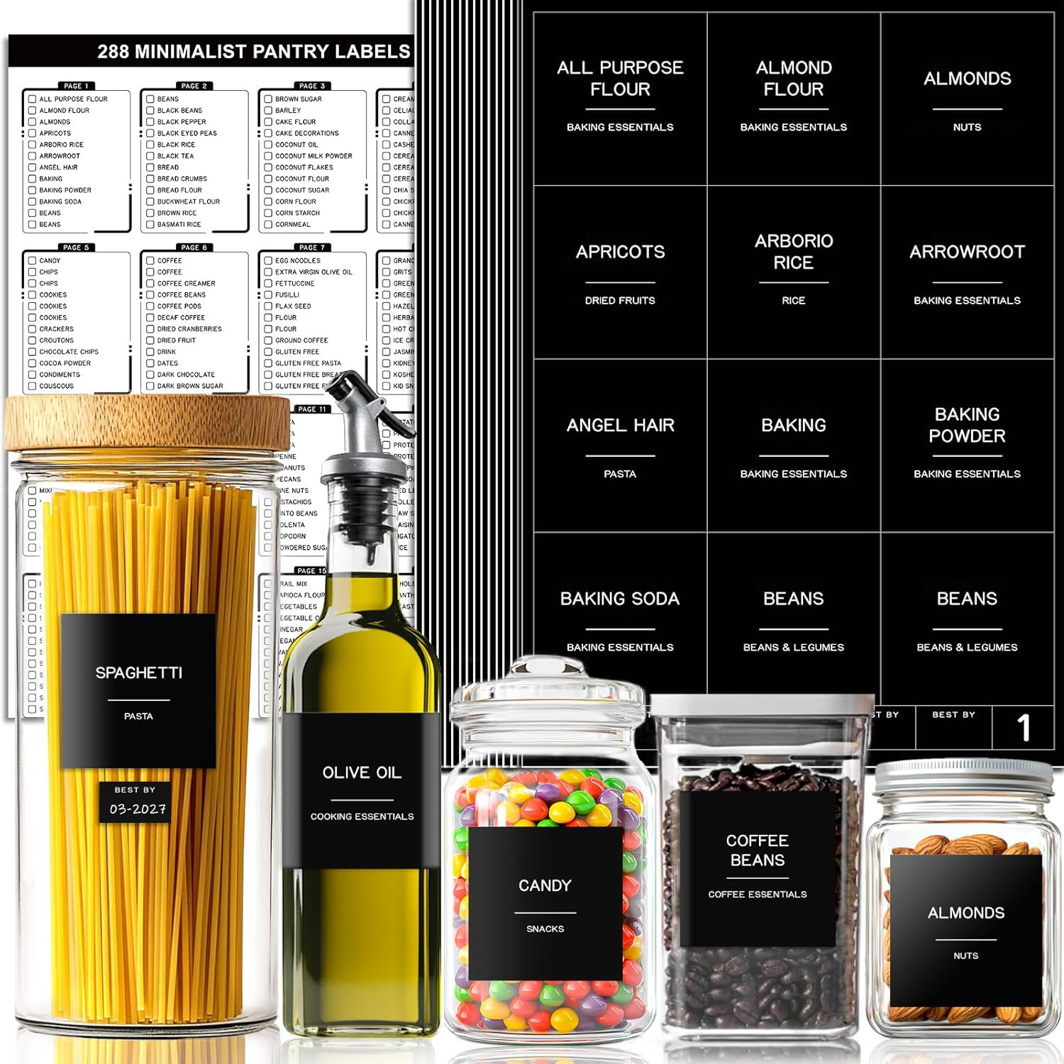 288 Pantry Labels for Food Containers, Black Preprinted Minimalist Waterproof St