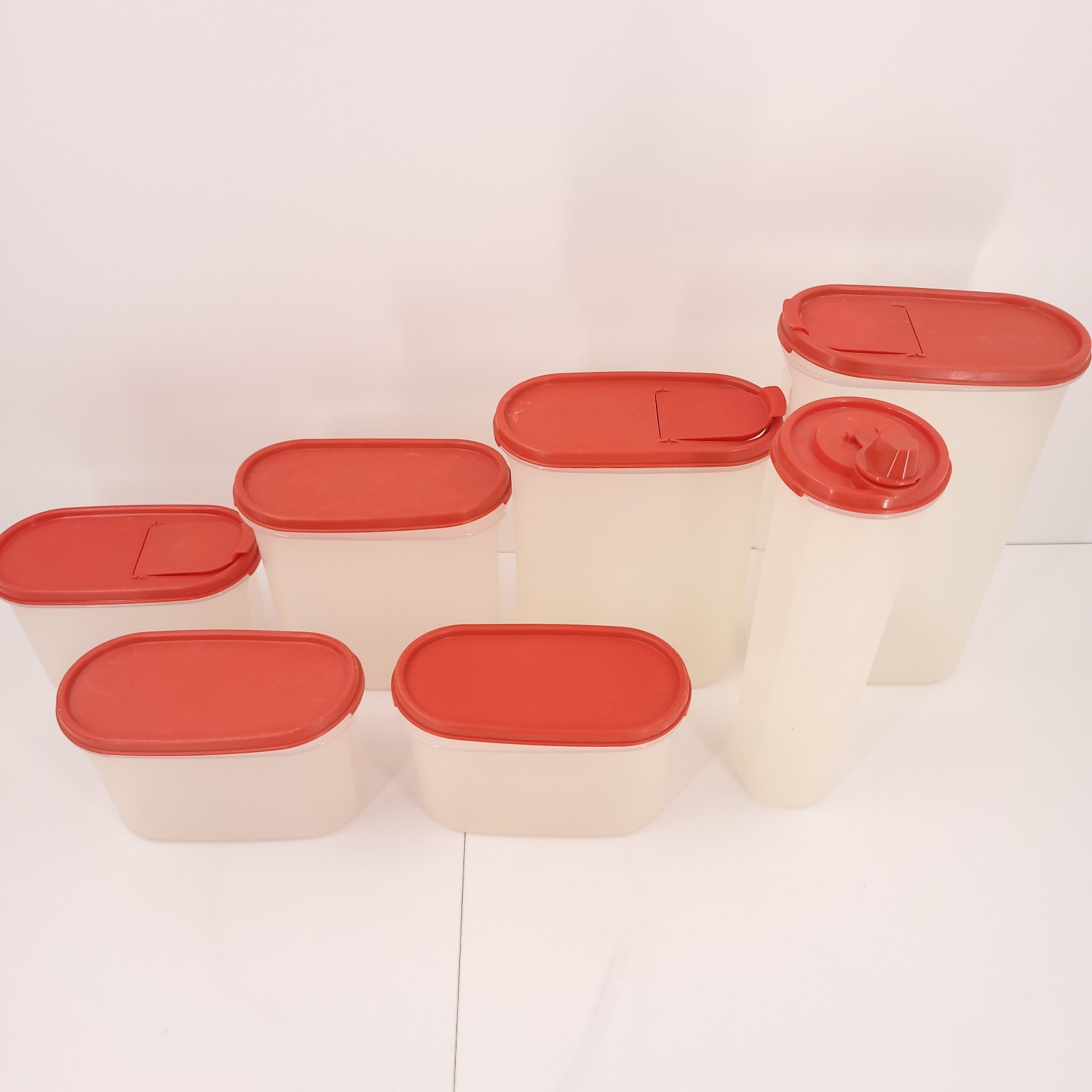 Tupperware Set 7 Modular Mates Red Oval Lid Vintage Flip Top Pour Oil Dispenser