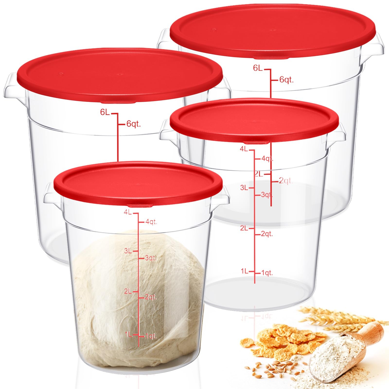 4 Set 6 Quart 4 Qt Round Food Storage Containers with Lids Clear Proofing Con…