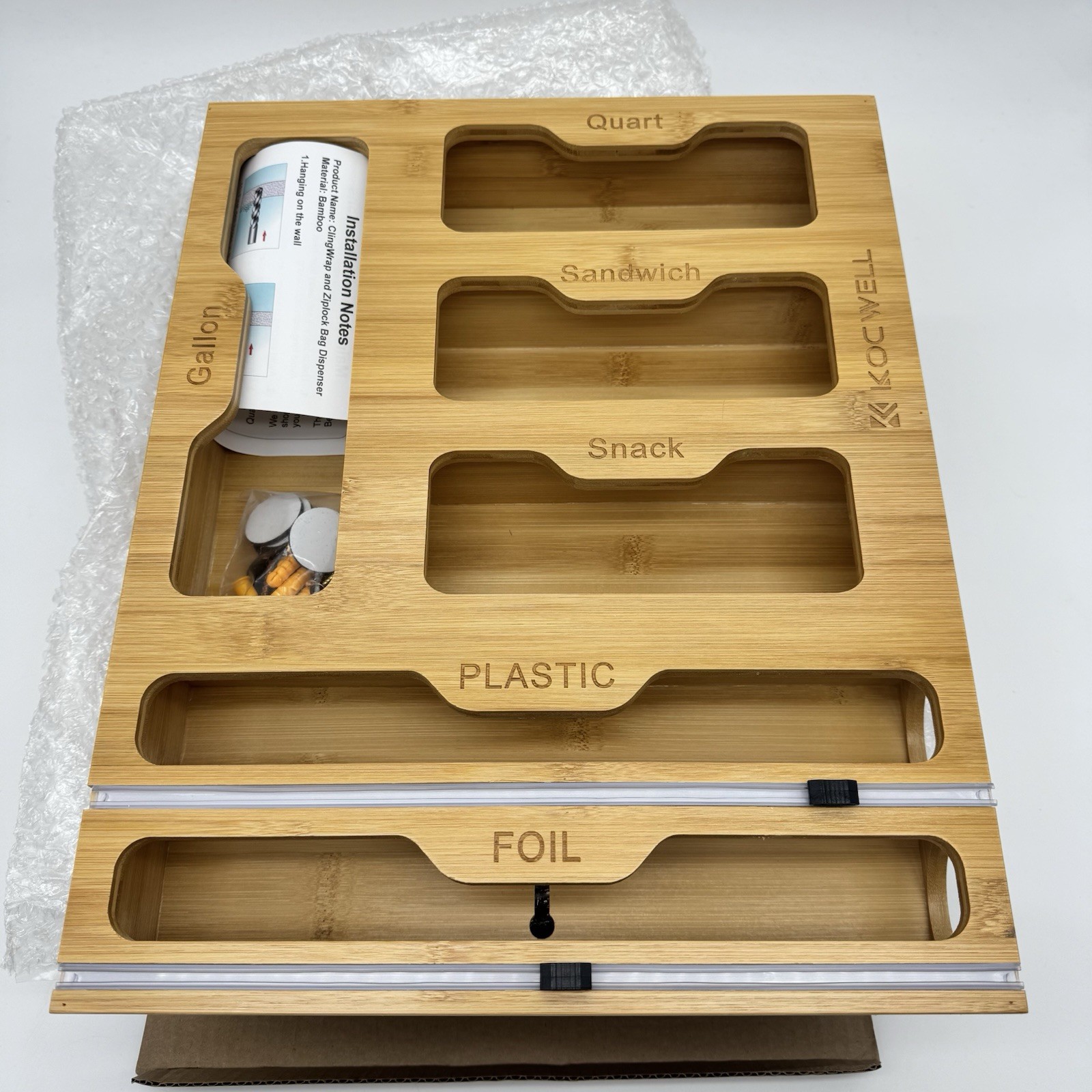 KOCWELL Bag Organizer Plastic Wrap Dispenser Cutter 6 In 1 Bamboo Kitchen Drawer
