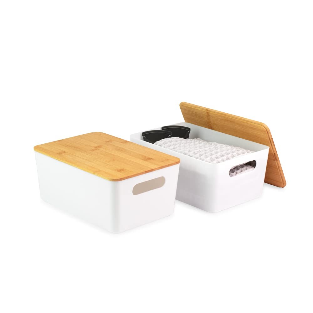 2-Pack Medium White Storage Bin Set w/Cut-Out Handles and Bamboo Lid, Plastic…