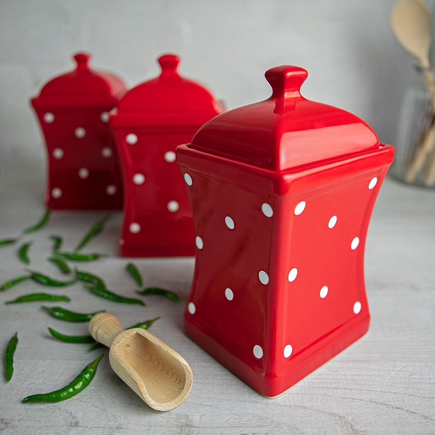 Red and White Polka Dot Handmade, 31.5oz/900ml Ceramic Kitchen Storage Jar Set