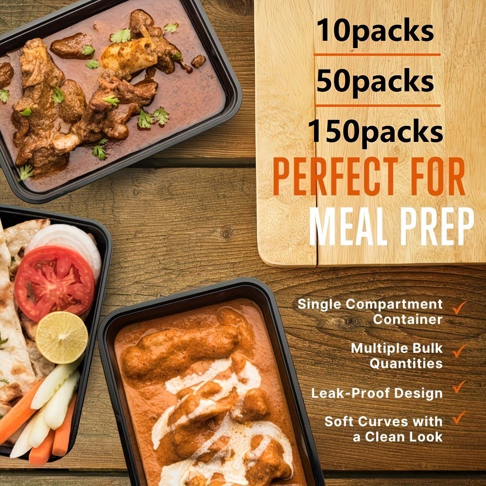 32oz Meal Prep Containers 10/50/150 Pack Black Rectangular BPA-Free Reusable.
