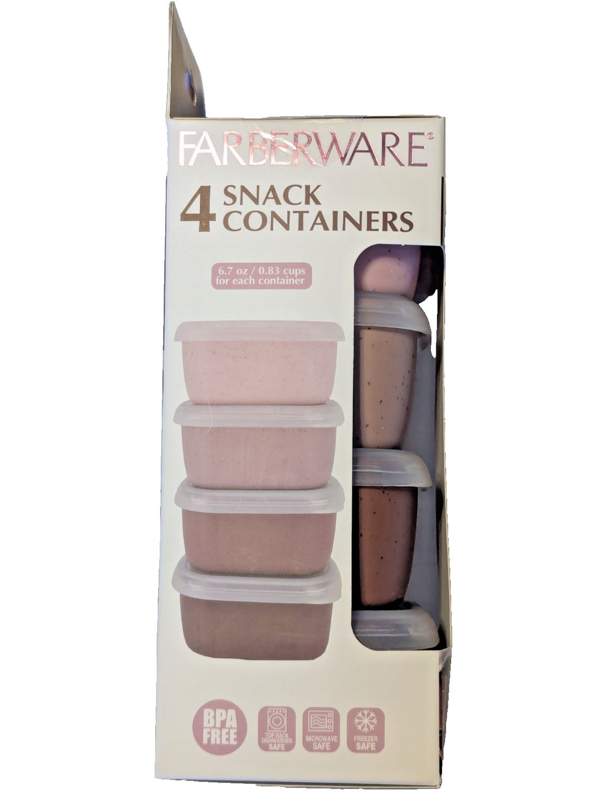 Farberware 4 Snack Containers and Lids BPA Free 6.7 oz Each Rectangle Storage
