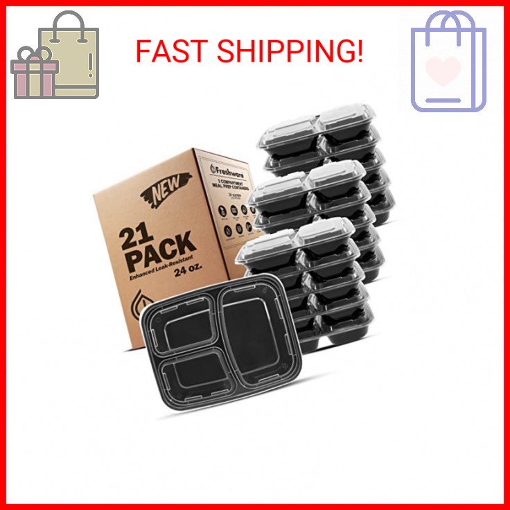 Freshware Meal Prep Containers [21 Pack] 3 Compartment with Lids, Food Storage C