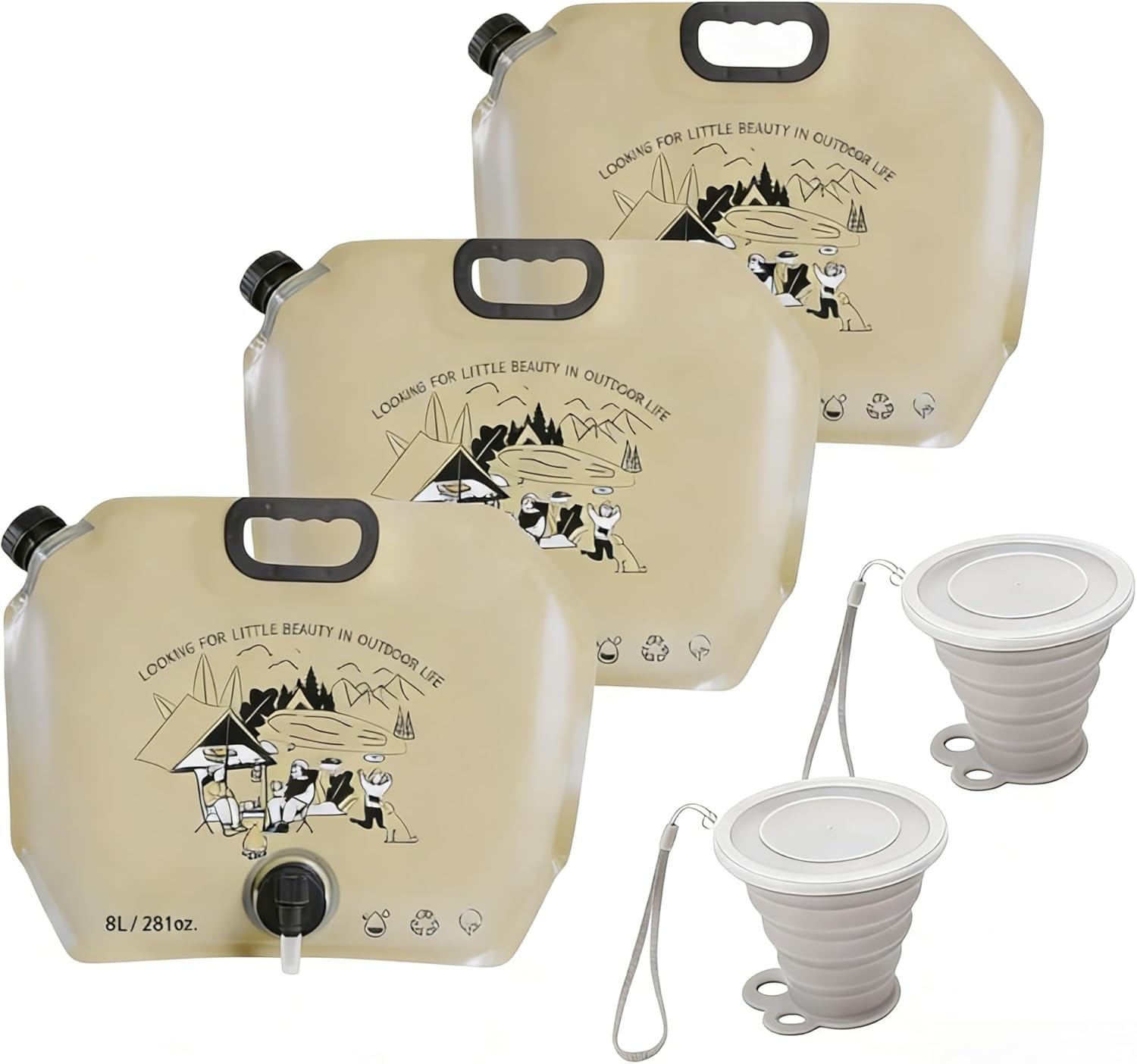 3Pack 8L/2.1Gallon Collapsible Water Container Bags and 2 Collapsible Cup,BPA Fr