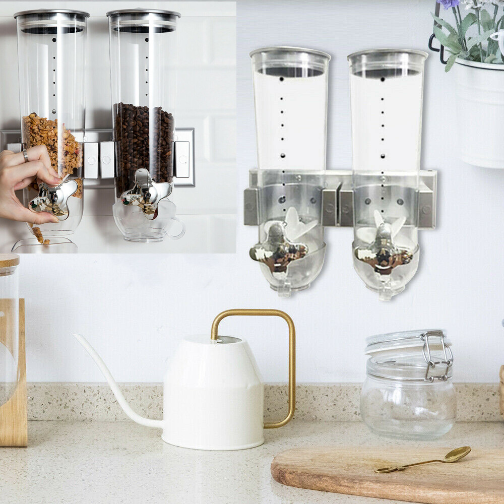 Wall Mount Double Cereal Dispenser Coffee Bean Dry Food Storage Container Silver