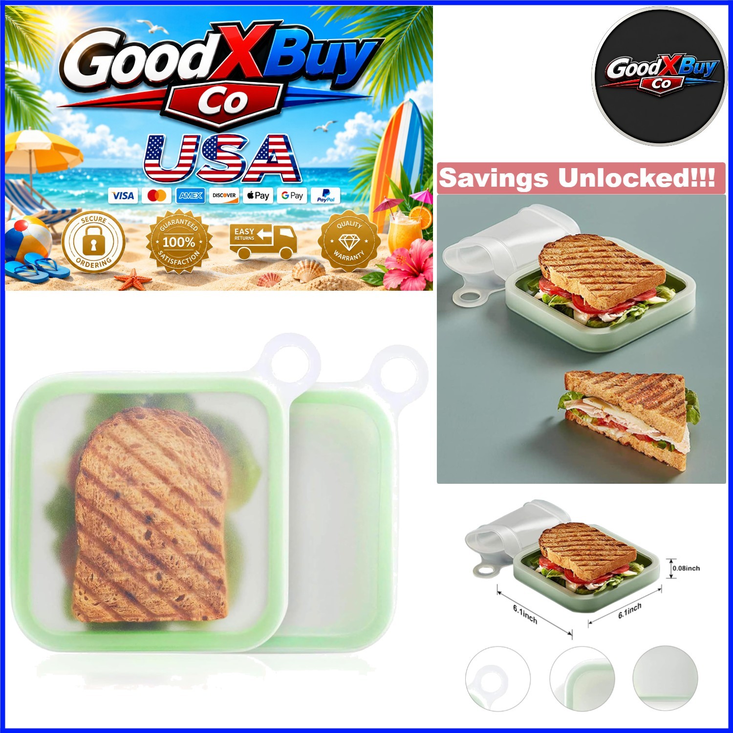 2Pcs Silicone Sandwich & Food Storage Containers BPA Free Microwave Safe