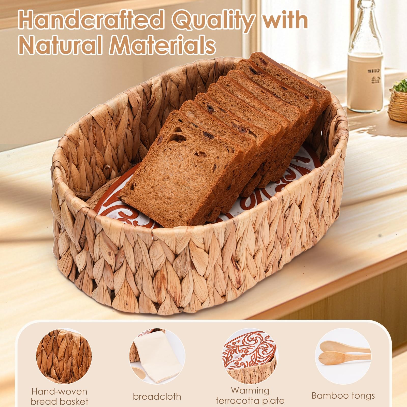 Bread Warmer Basket with Stone – Includes Linen Towel and Clips,Bread Baskets…