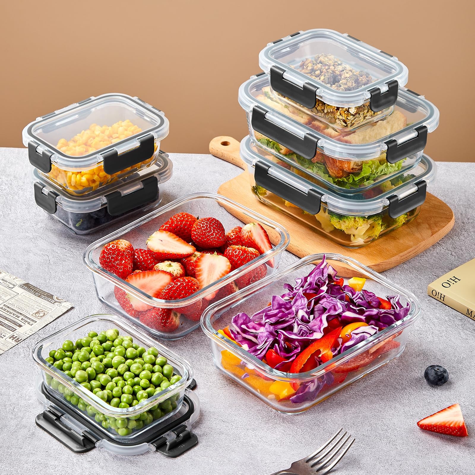 10 Pack Glass Food Storage Containers with Lids, Meal Prep Containers, Airtig…
