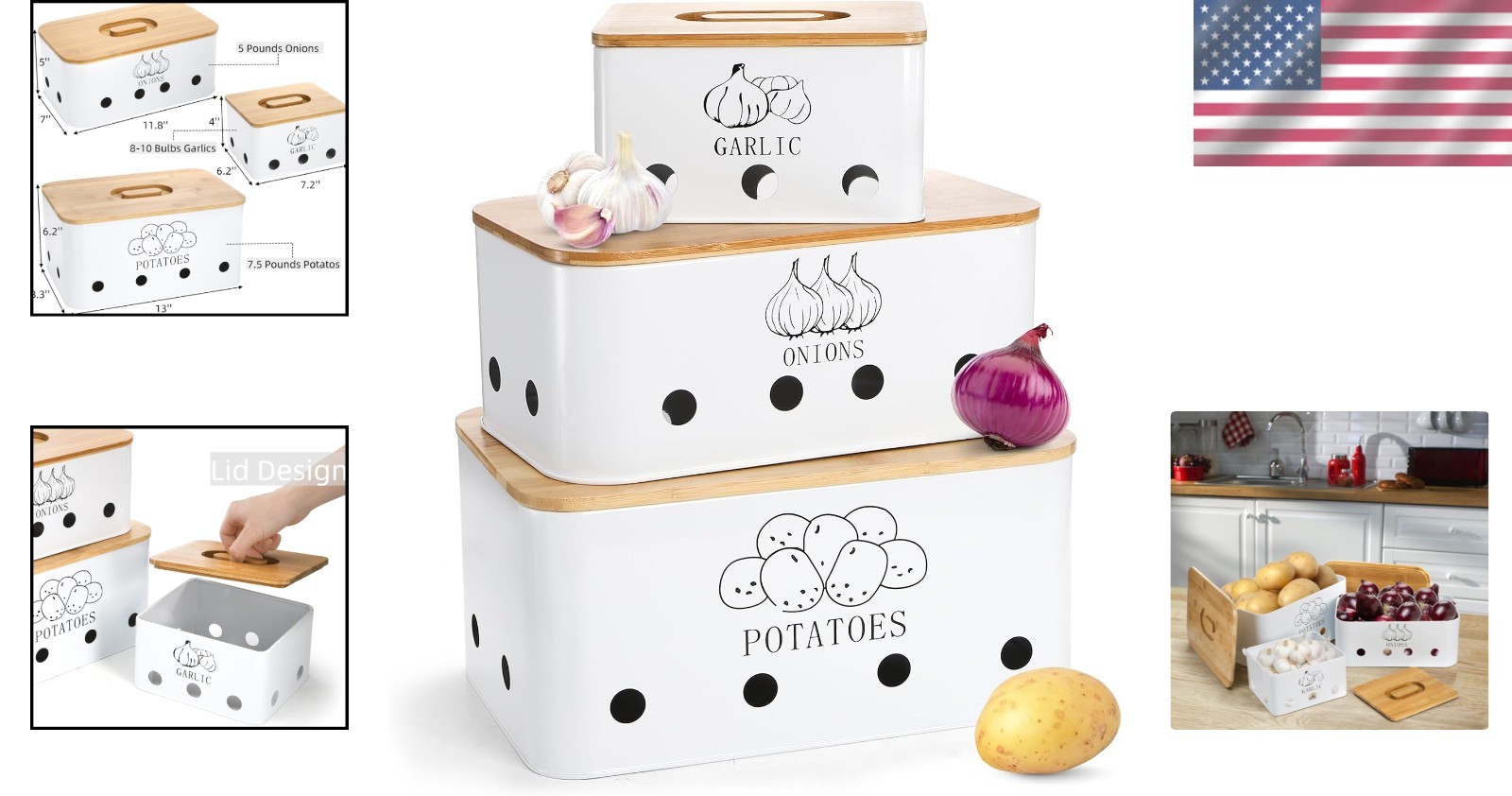 Beautifully Designed Kitchen Storage Set – 3 Bins for Potatoes, Onions & Garlic