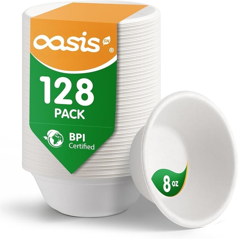 Compostable Bagasse Bowls 128 Pack Heavy-Duty Leak-Resistant Food Containers New