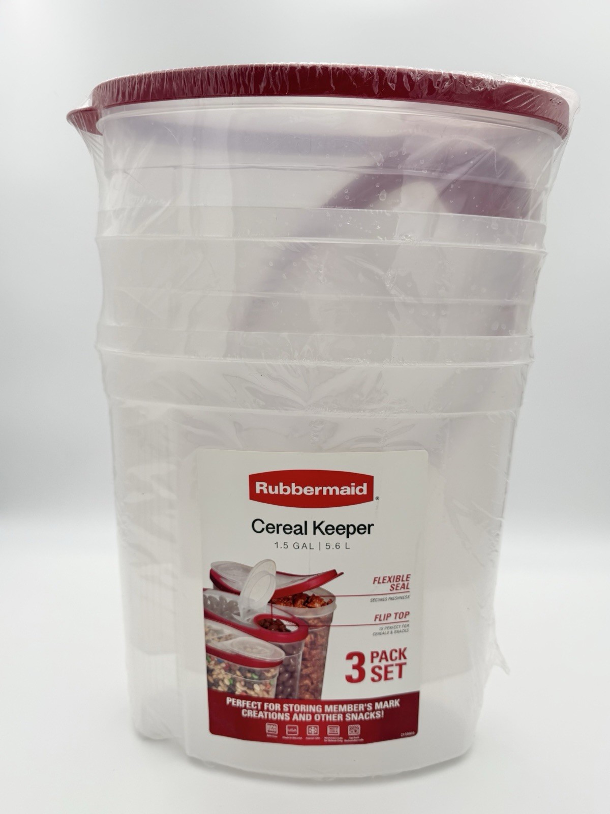 Set of 3 Rubbermaid Cereal Keeper Container 1.5 Gal BPA Free Red Flip Top 5.68L