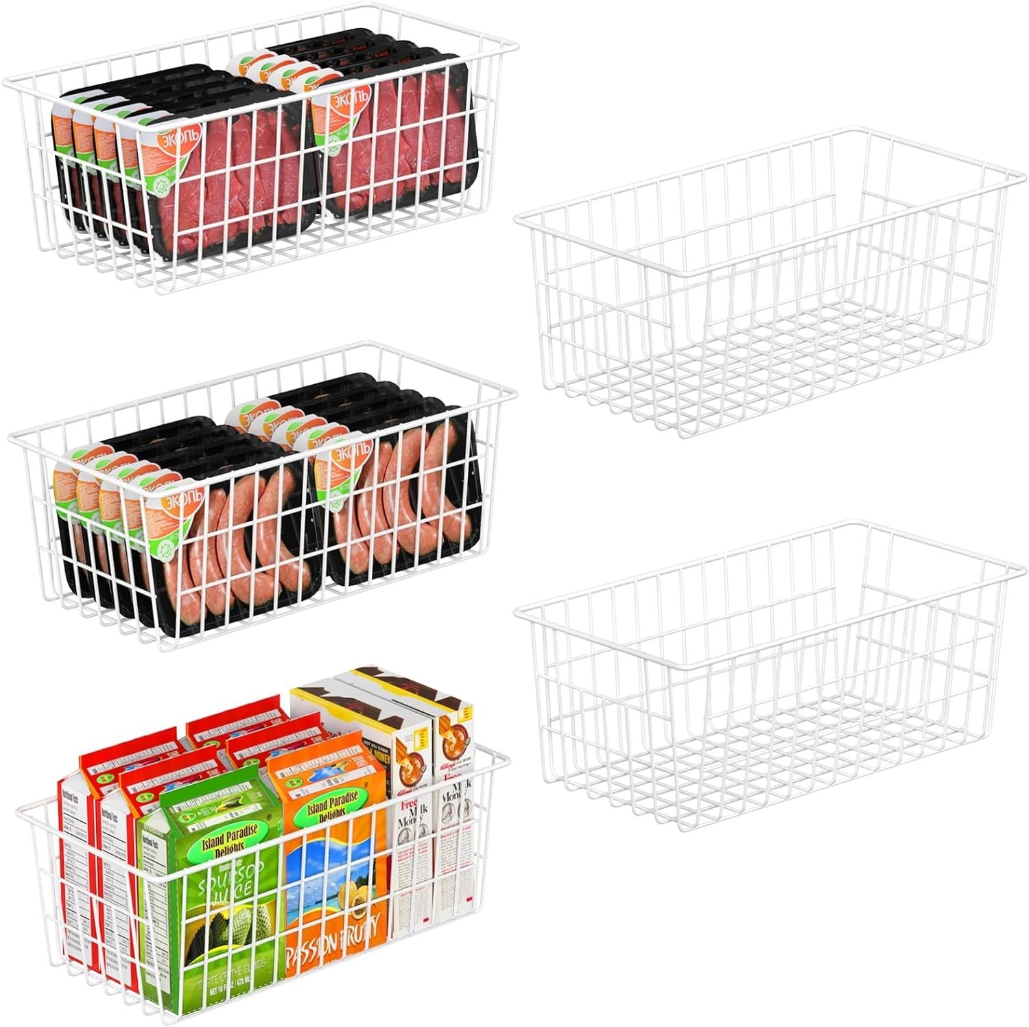 Freezer Organizer Bins 5 Pcs – Sturdy White Metal Baskets, 570 Cu In Capacity