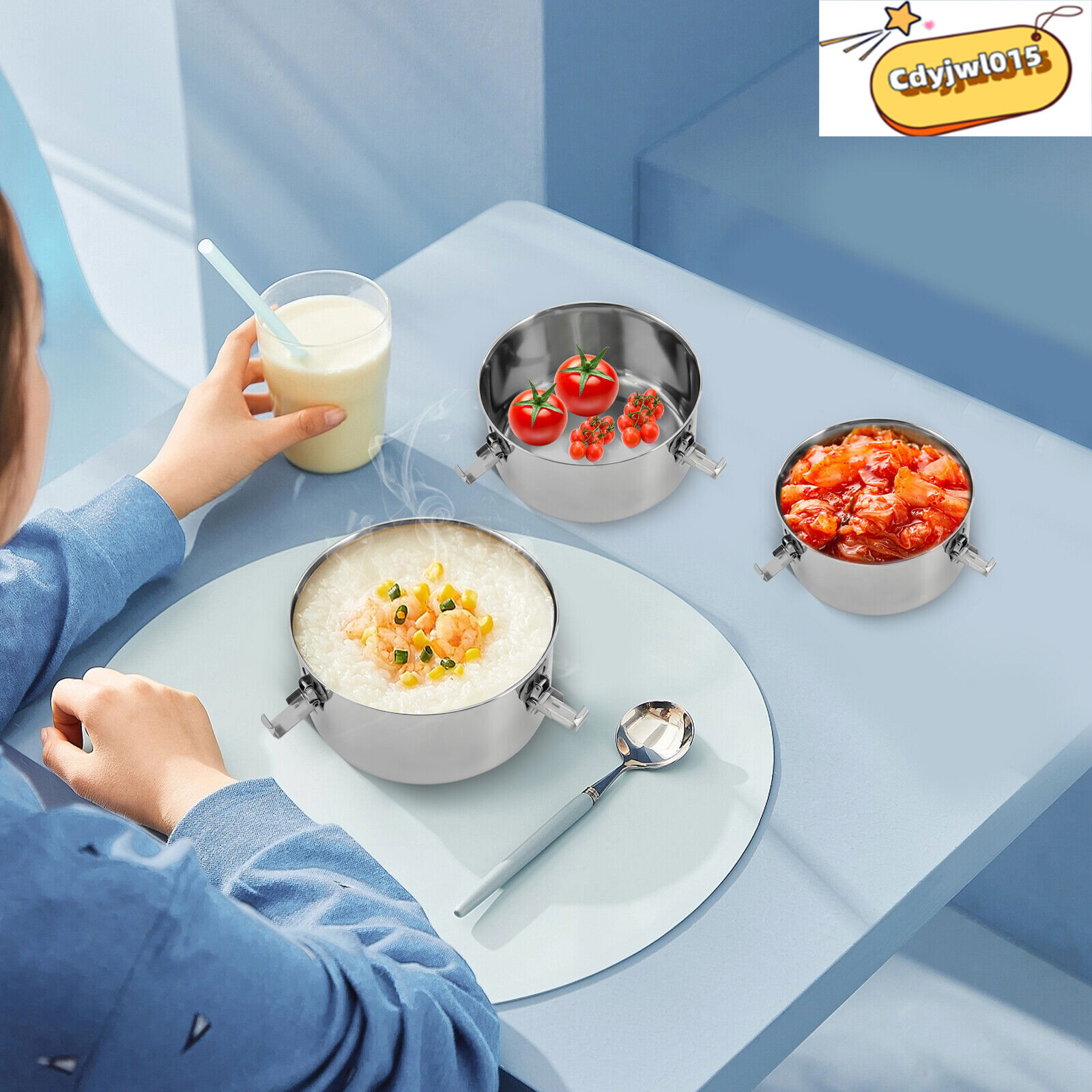 3-Piece 304 Stainless Steel Food Storage Containers Set 650/1000/1600ml
