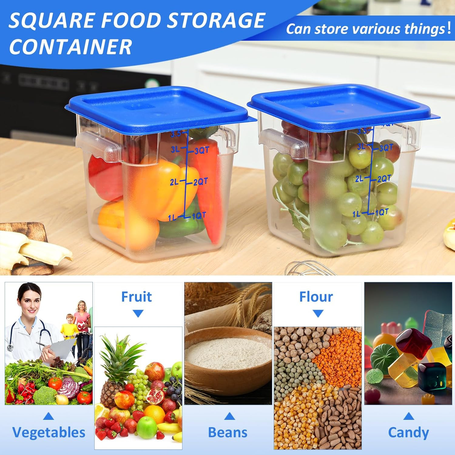 12 Pcs 4 Qt Commercial Food Storage Containers with Lids Restaurant Square Airti