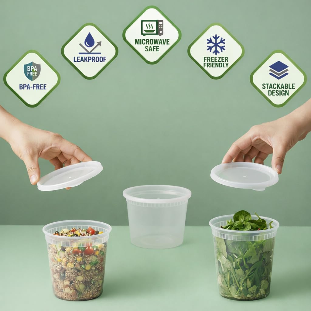 48 Plastic Deli Containers with Lids – 16oz & 32oz, Leak Proof & Microwave Safe