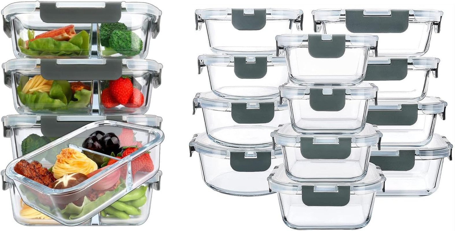 36 Oz 2 Compartments Glass Meal Prep Containers Set of 5 and 24Pcs Glass Food St
