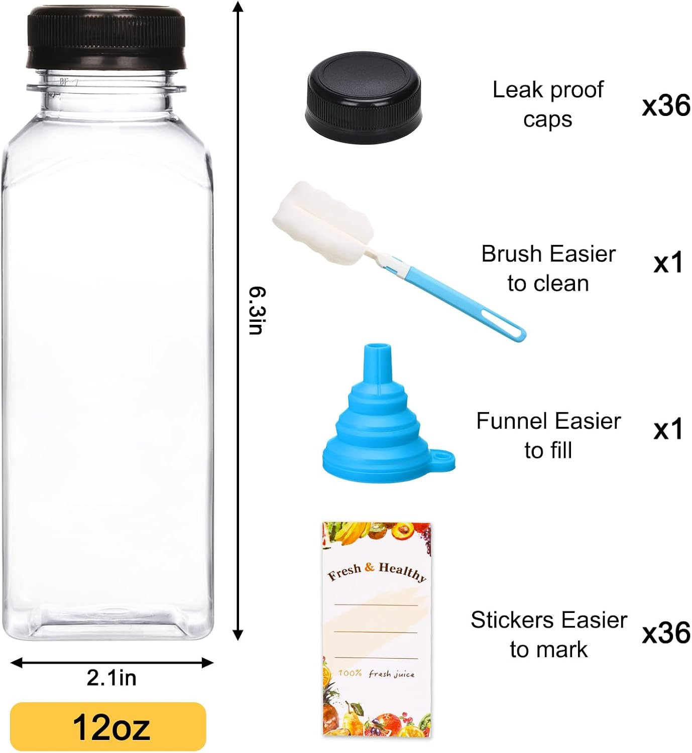 36 Pcs 12Oz Juice Bottles Plastic Bottles Reusable Clear Containers With Caps