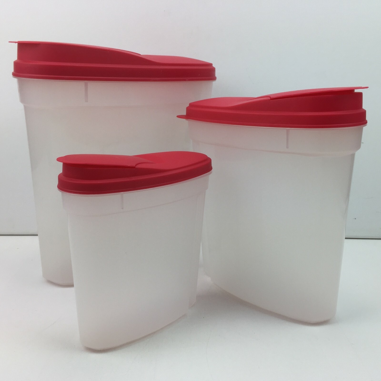 Cereal Pasta Dry Food Dispensers Set of 3 Nesting Containers White Red Snap Lid