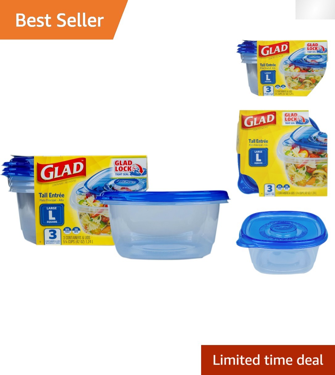 Set of 3 Tall Square Food Storage Containers – Airtight, Microwave Safe, 42 Oz
