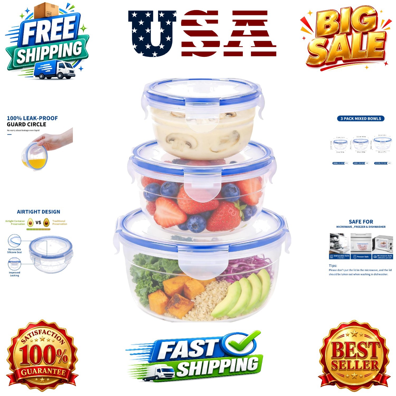 Round Food Storage Containers with Airtight Lids, Leak Proof Plastic Bowls fo…