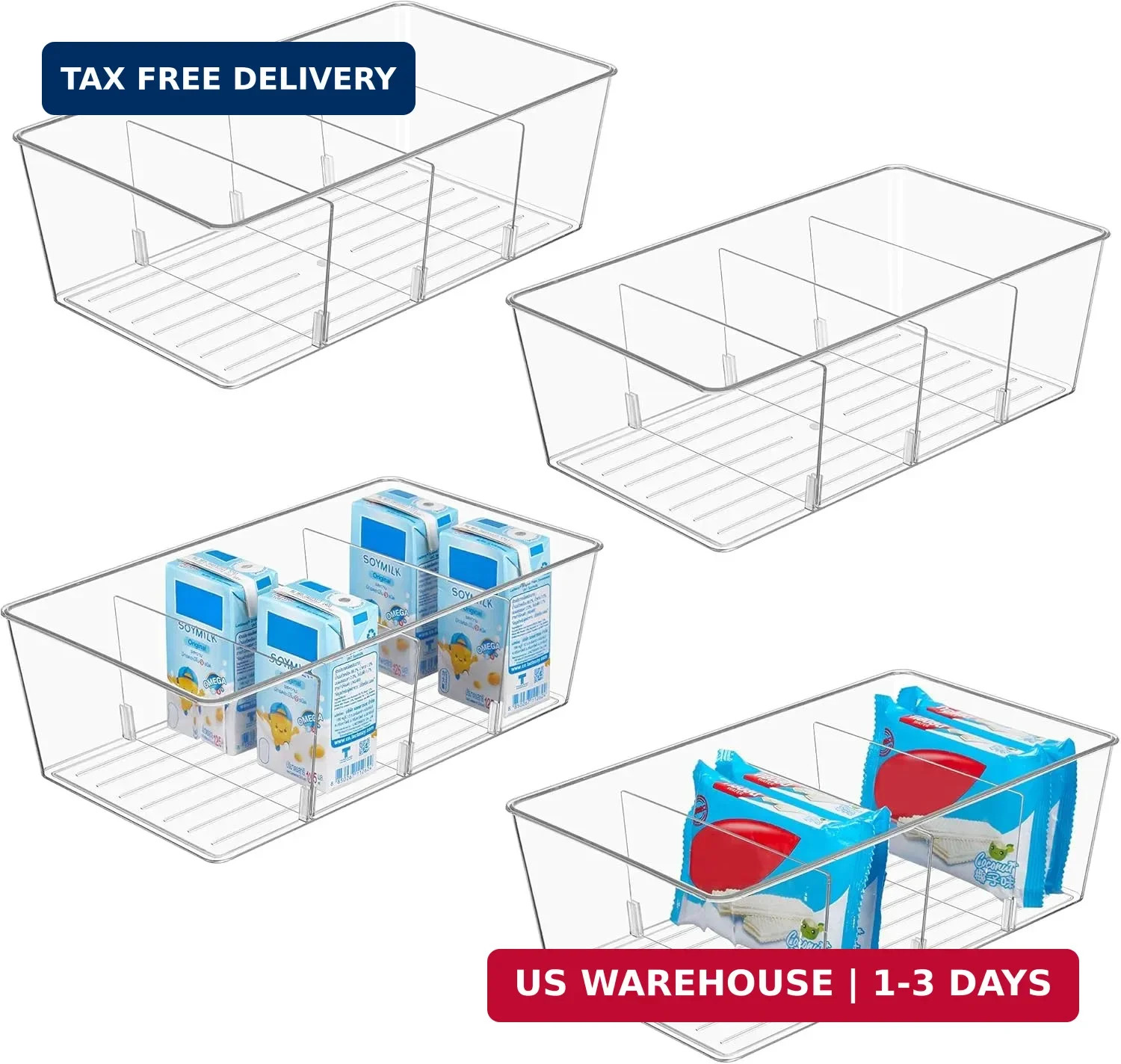 Vtopmart 4 Pack Food Storage Organizer Bins, Clear Plastic Bins for Pantry, Kitc