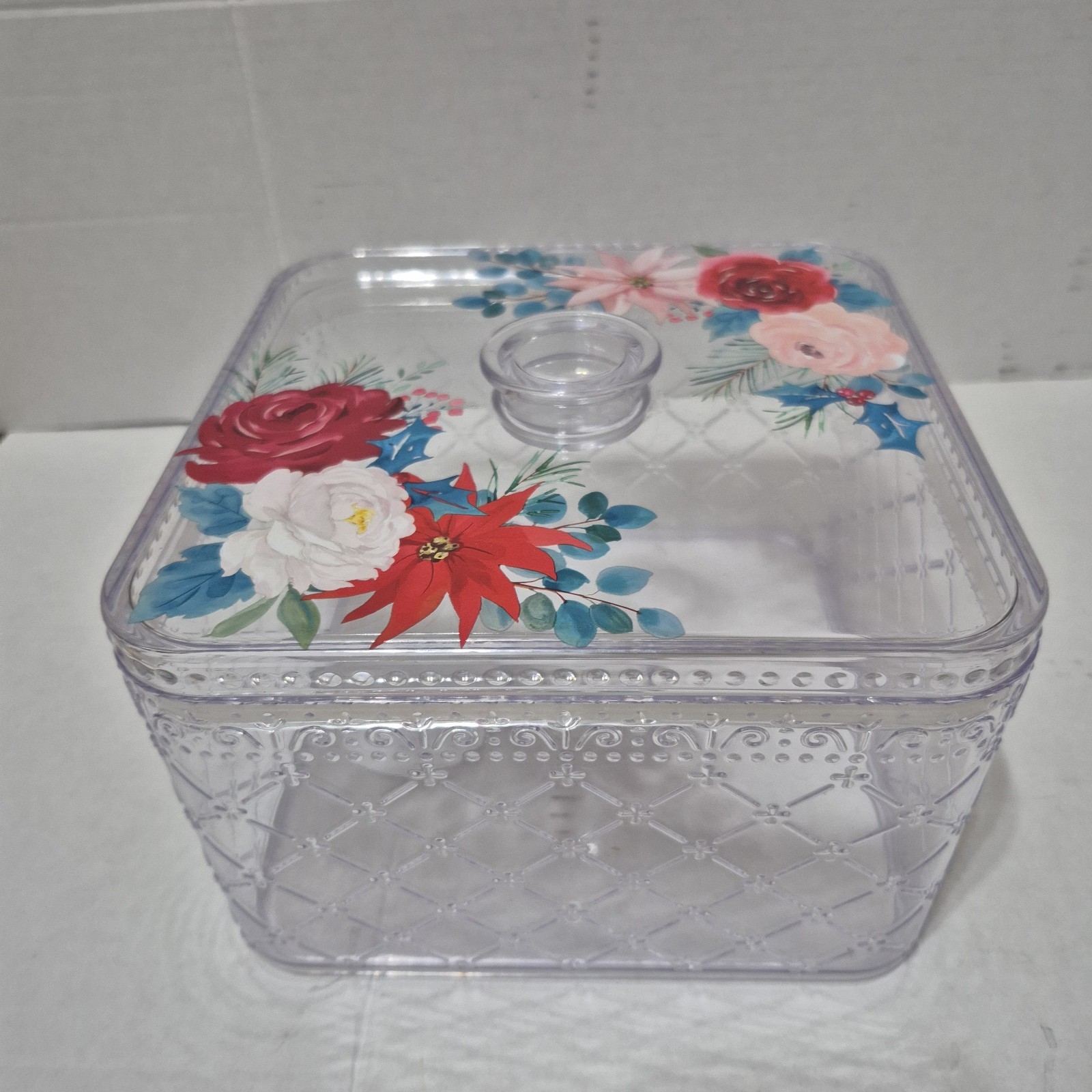 Pioneer Woman Wishful Winter Acrylic Treat Container Christmas Floral 4.1 QT Lid