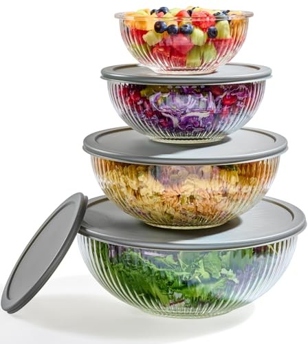 8pc Ribbed Glass Mixing Bowl Set with Airtight Lids Nesting Food Storage Kitchen