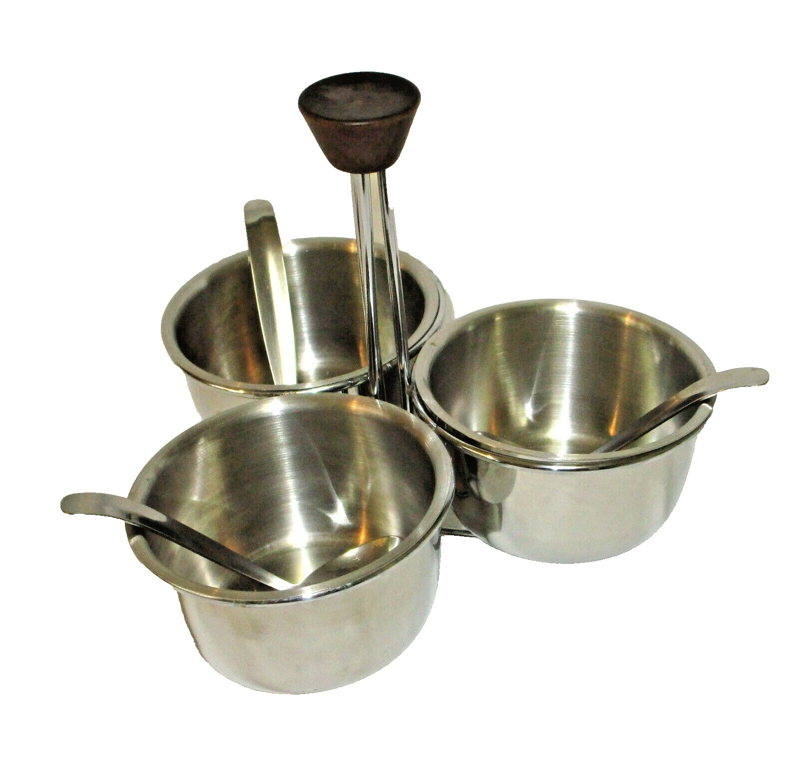 Foley Store & Server Set. 3 Steel Condiment Cups 3 Spoons & Handle Caddy