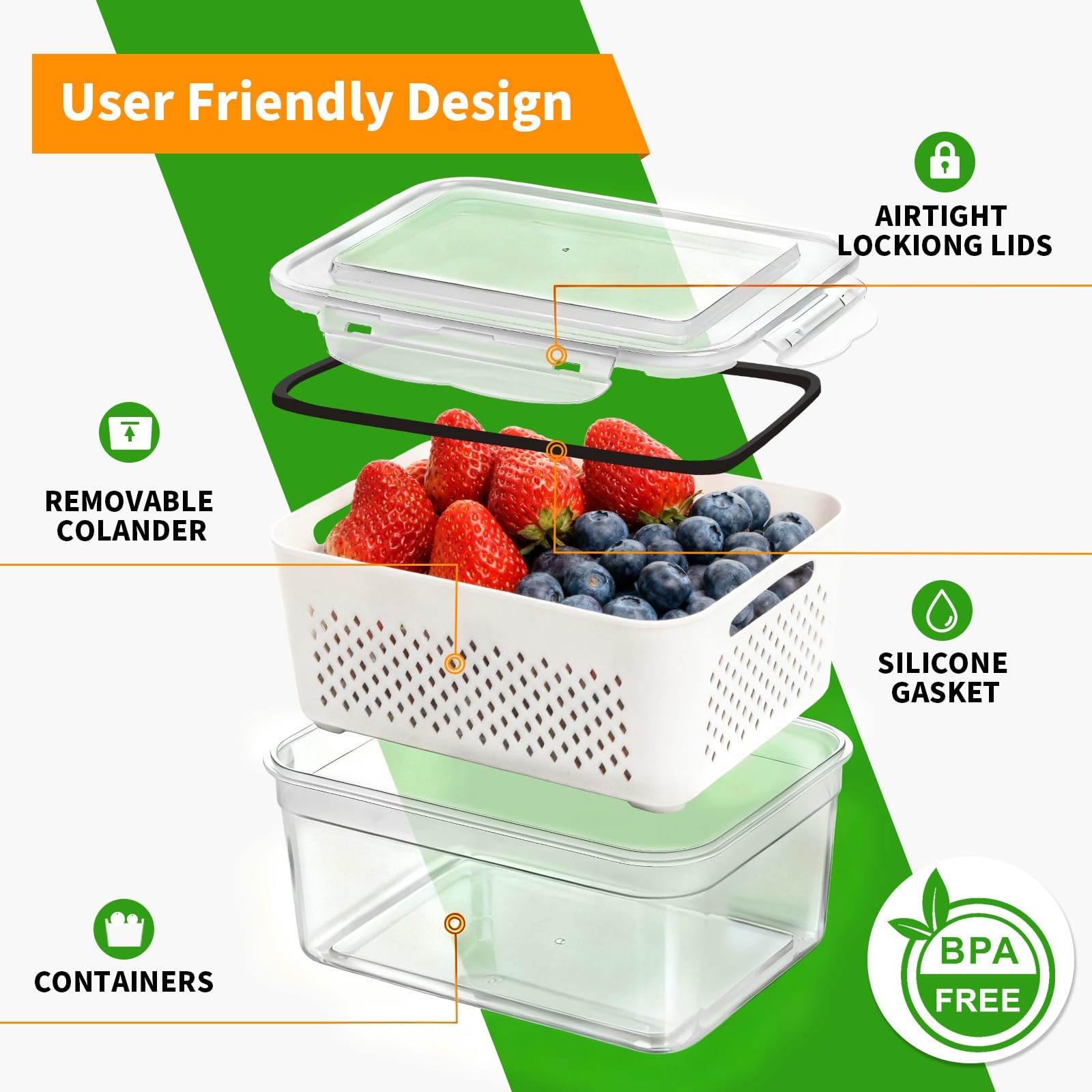 PRAKI 5Pack Large Fruit Storage Containers for Fridge with Removable Colander…