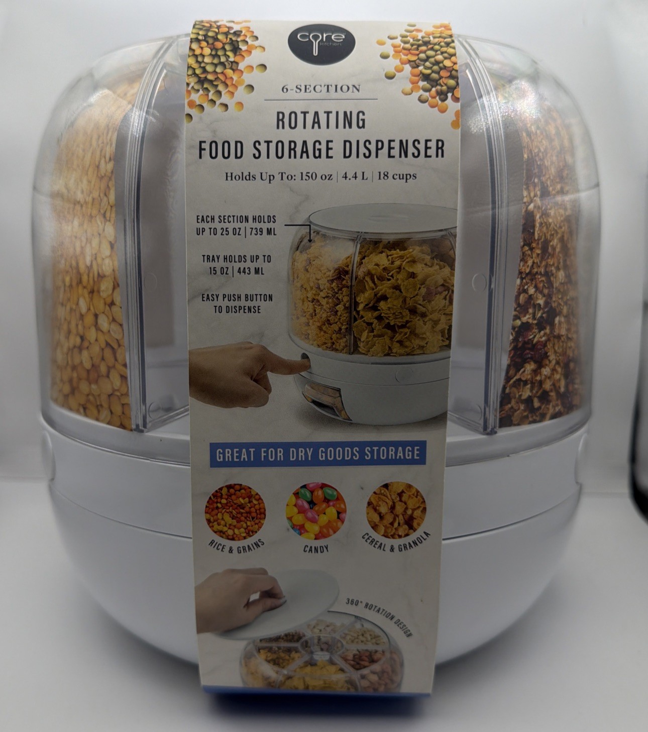 6-Grid Rotating Dry Food Dispenser by Core Kitchen 6 25 Oz Sections NEW