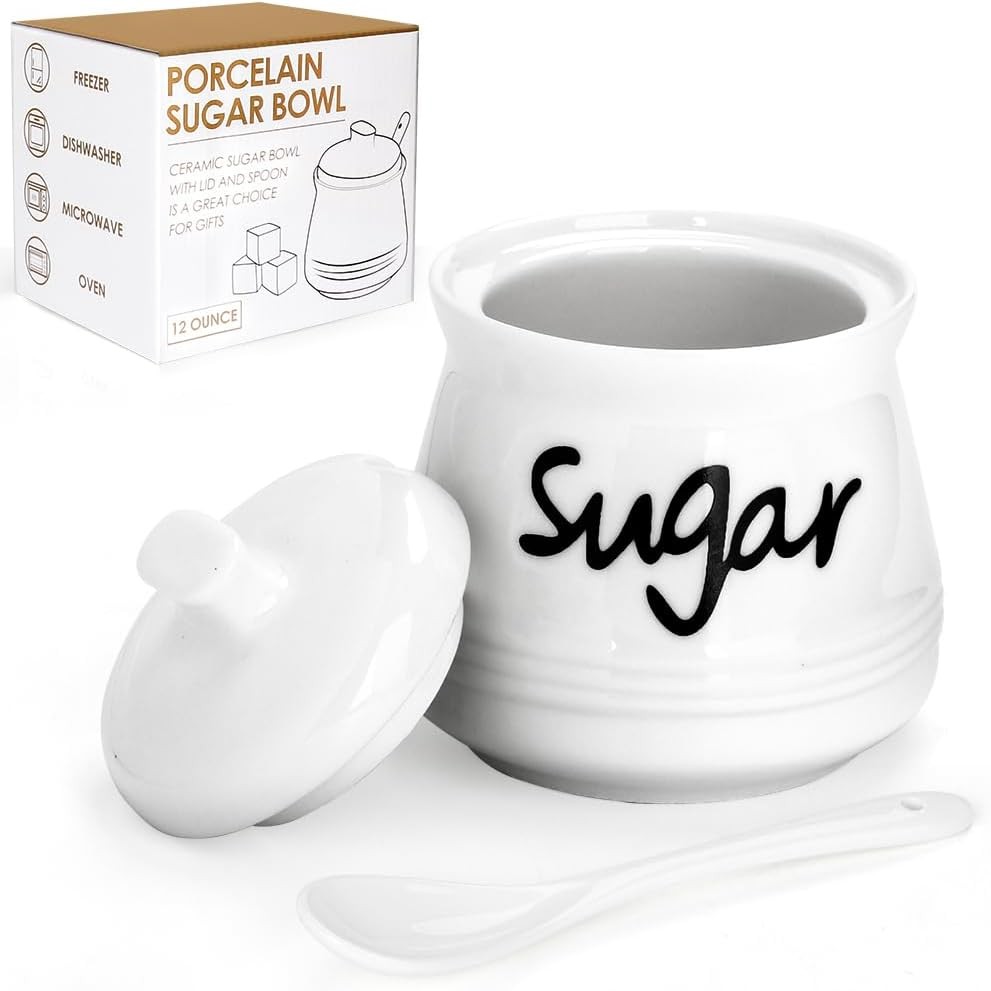 Ceramic Sugar Bowl with Lid and Spoon, 12 Ounces Porcelain 12ounce, White