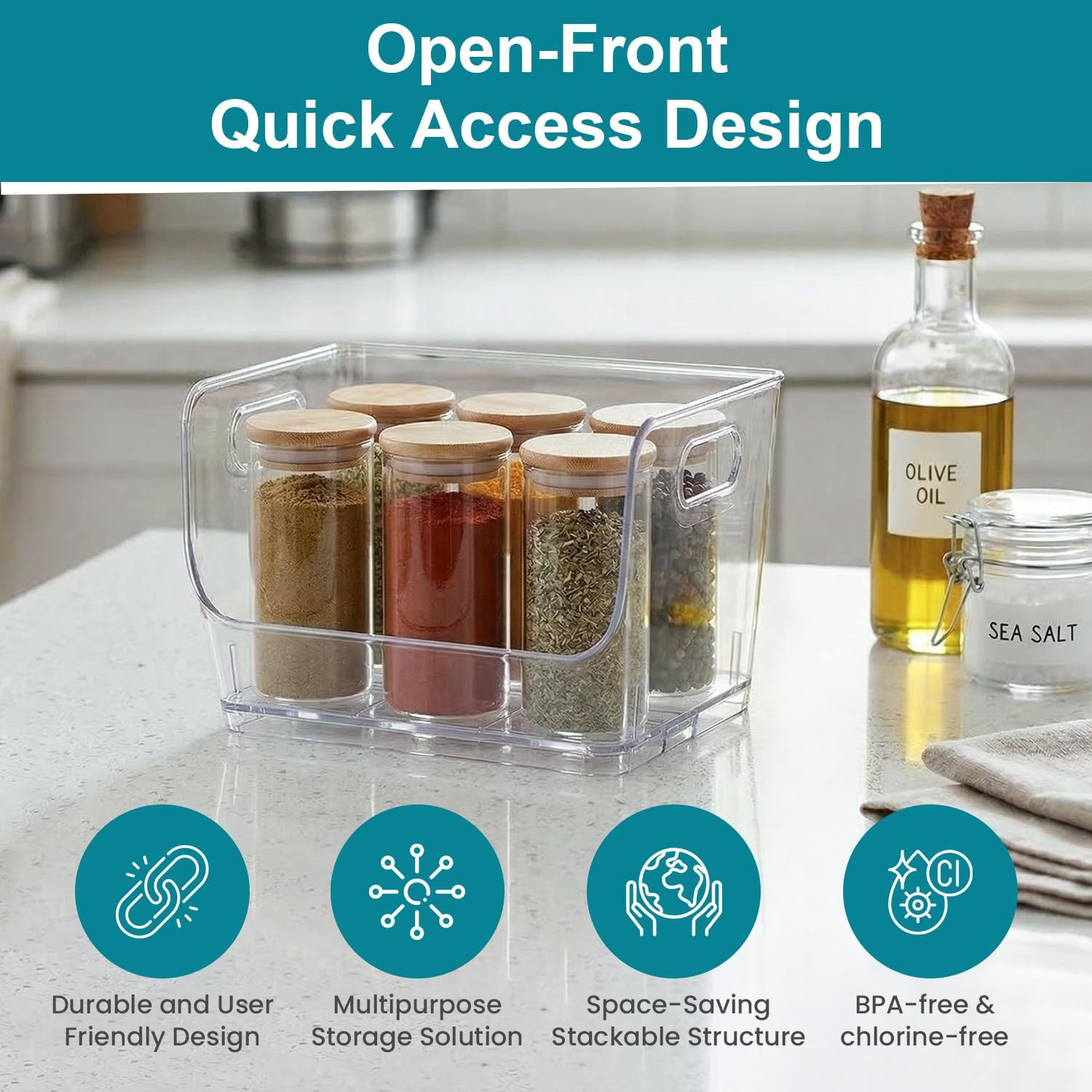 9-Inch Open-Front Clear Storage Bin with Easy-Grip Handle Stackable Transparent