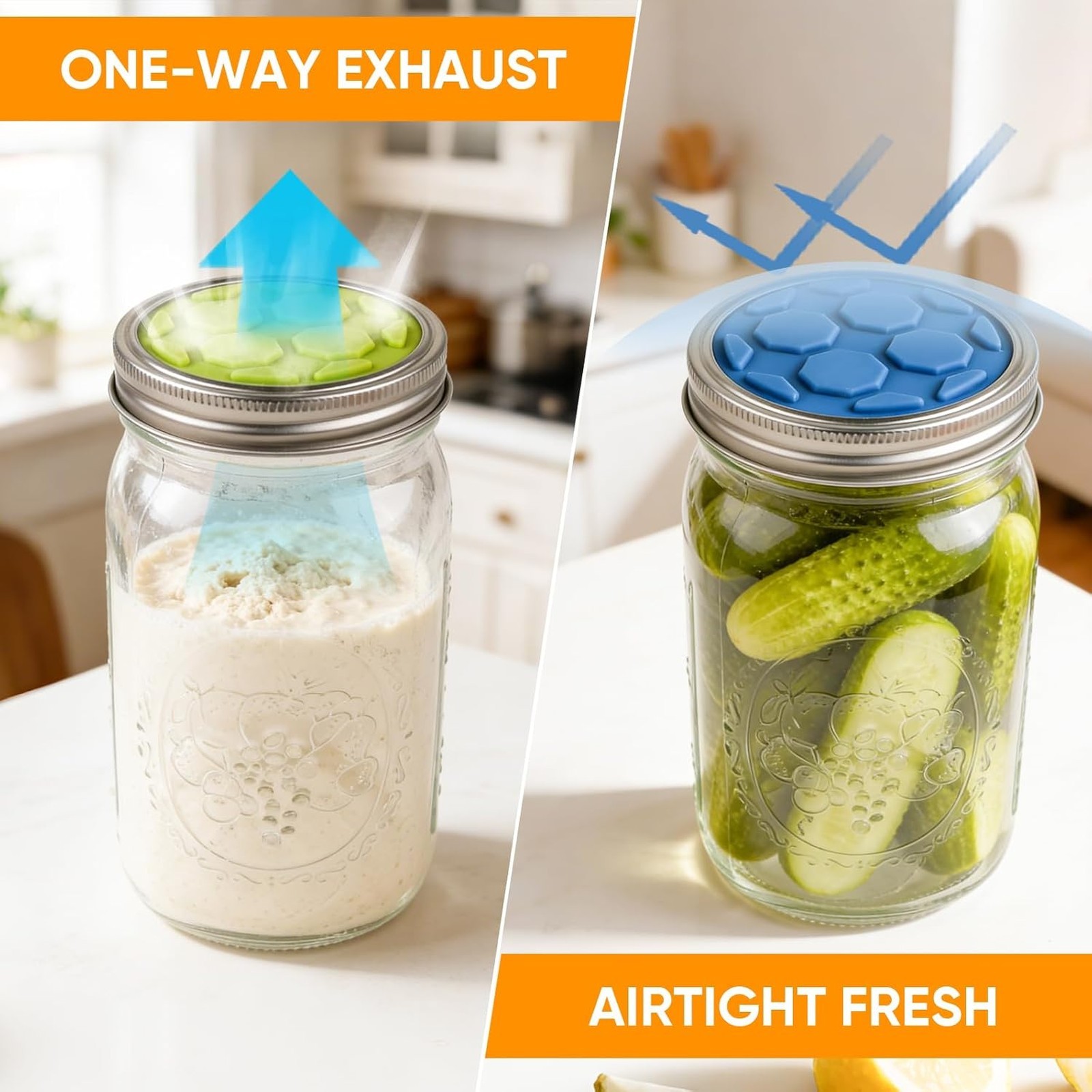 Silicone Fermentation Lids for Wide Mouth Mason Jars, One-Way Airlock Valve