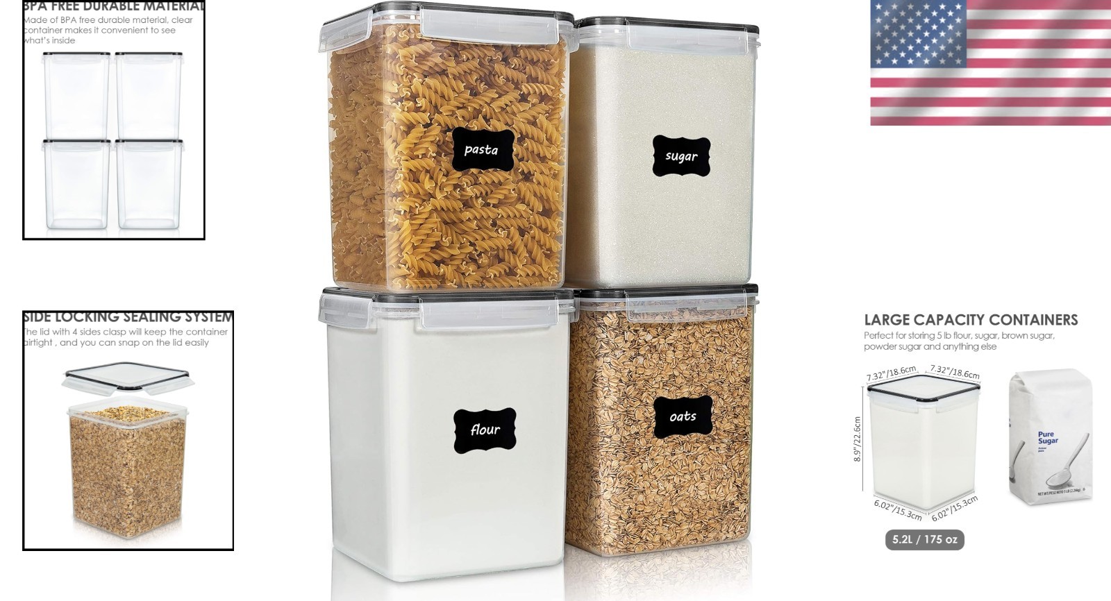 Durable Stackable 5.2L Food Storage Containers – Set of 4 with Airtight Lids