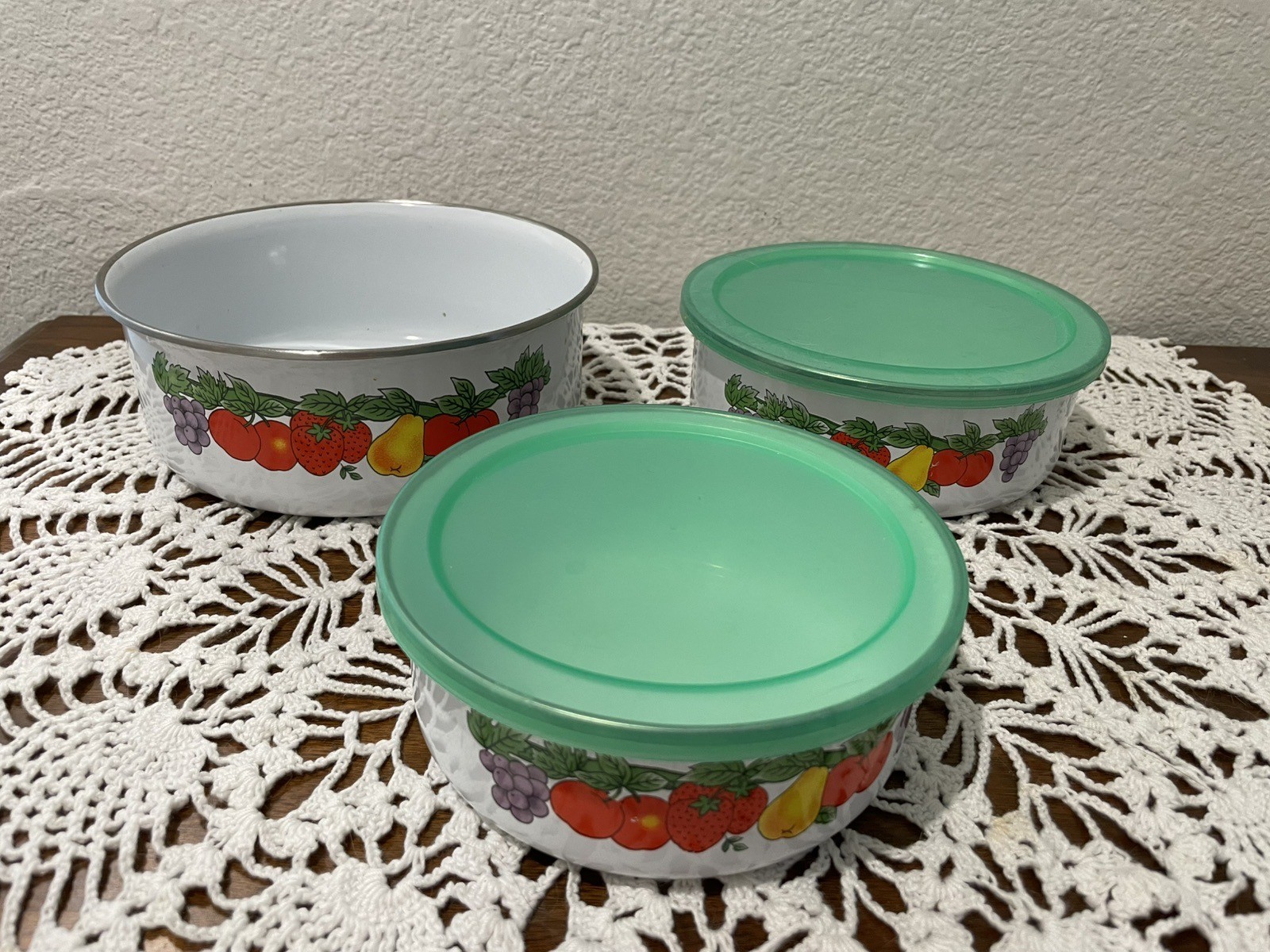 Set of 3 Vintage Aluminum Food Storage Bowls with Fruit Design and 2 Green Lids