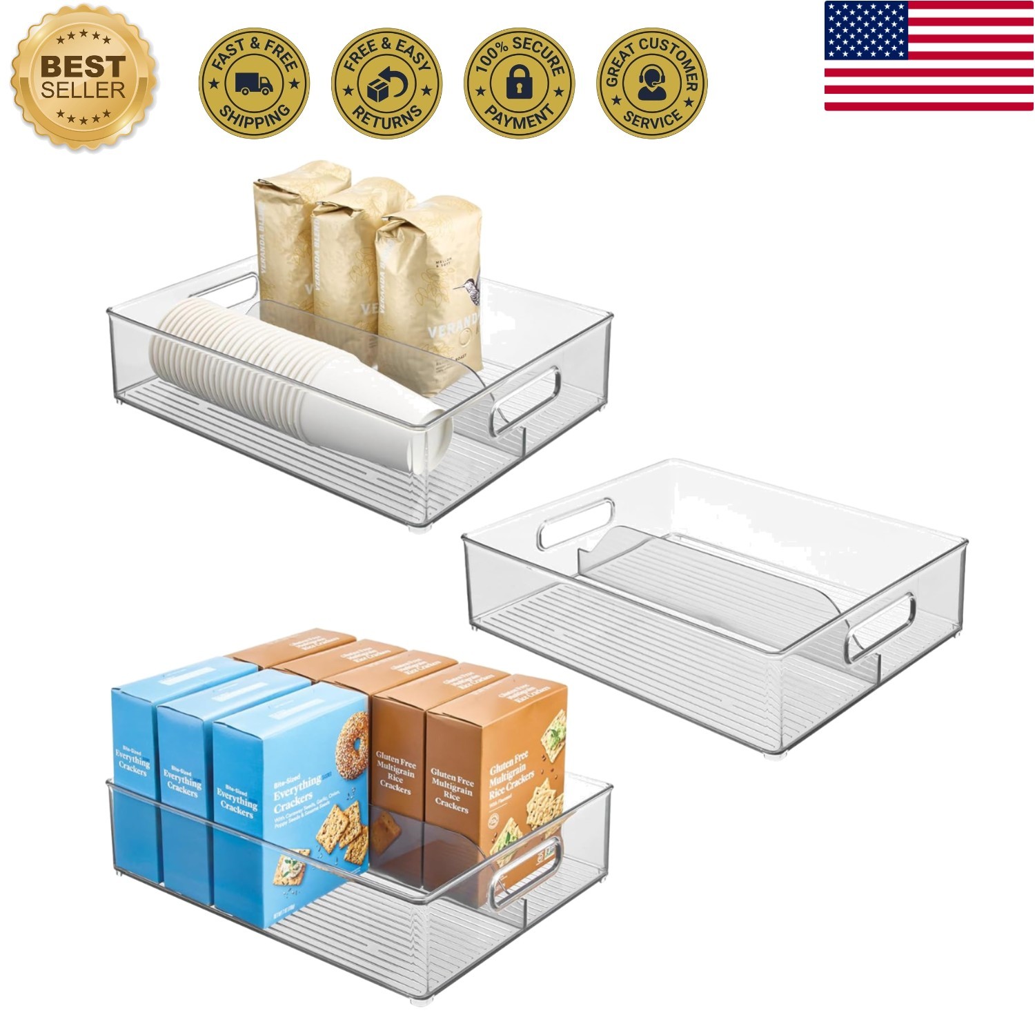 Set of 3 Clear Divided Pantry Bins with Handles for Ultimate Organization