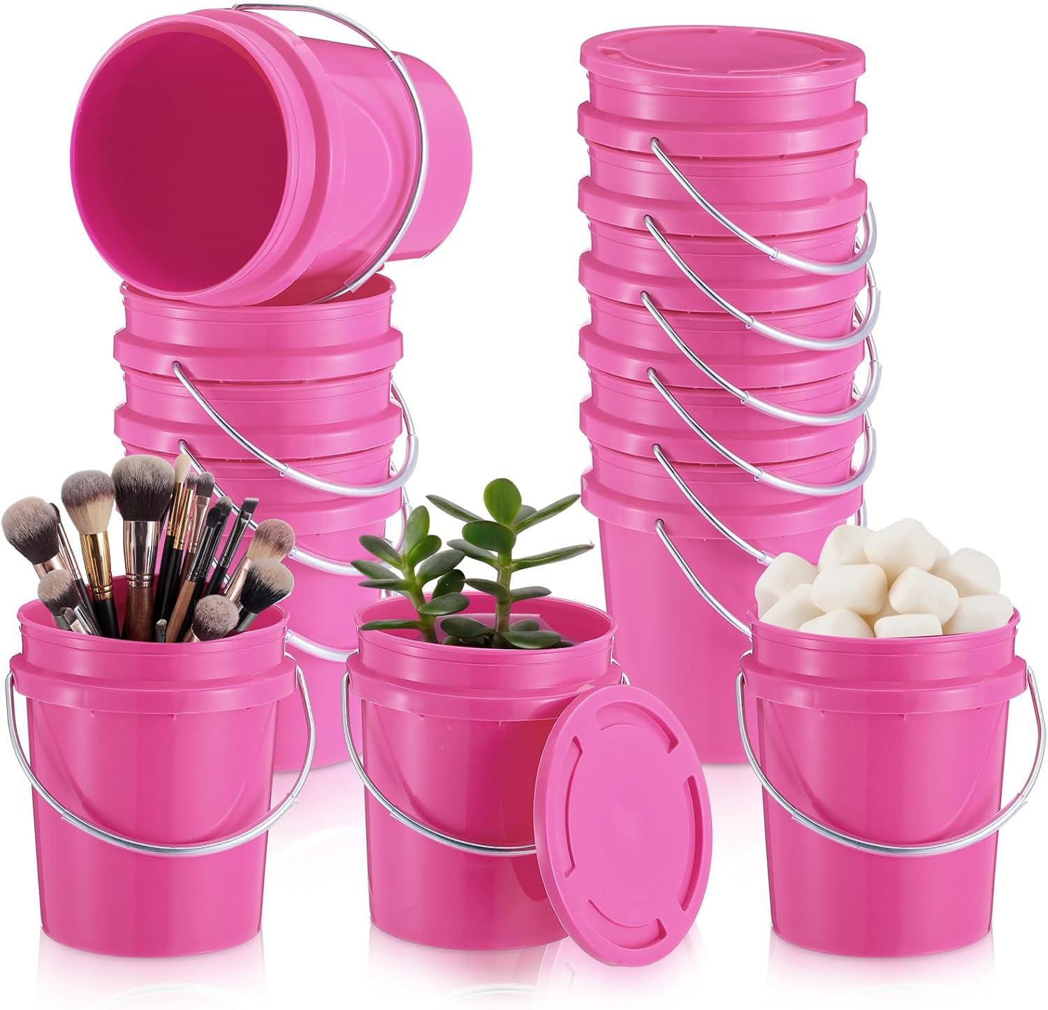 12 Pcs Mini Plastic Buckets with Lids, 0.4 Quart Pink Buckets for Party Gift Pac