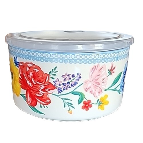 Pioneer Woman 7″ Dia. Stoneware Food Storage Container w/Lid ~ BRILLIANT BLOOMS