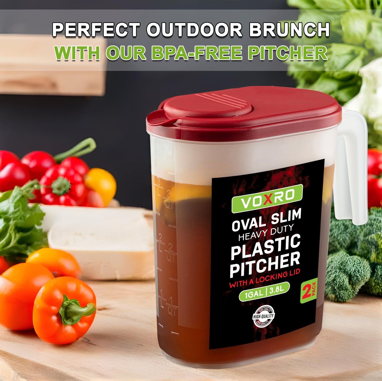 2-Pack 1 Gallon Slim Plastic Pitchers with Lids – Flip-Top Spout, BPA Free, Idea
