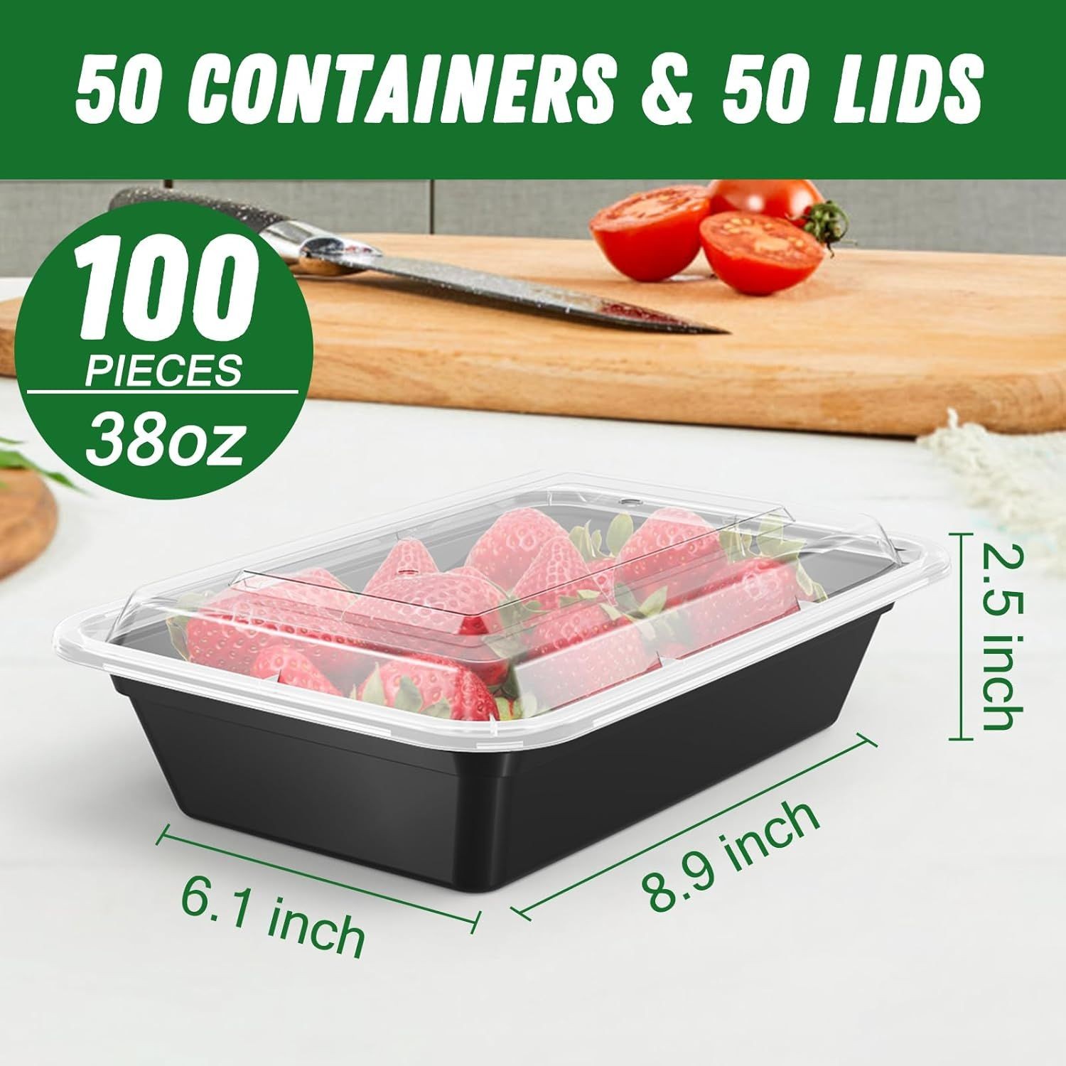 50 Pack (100-Piece) 38 oz Meal Prep Containers Reusable with Lids