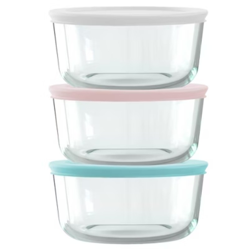 6-pc 4-cup Round Glass Storage Set with Assorted Color Lids, Dishwasher-Safe