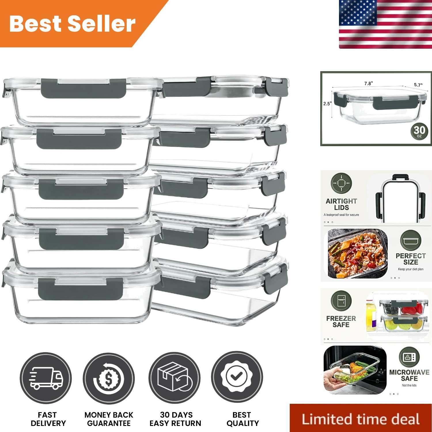 10-Pack 30 Oz Borosilicate Glass Meal Prep Containers with Airtight Lids – Gray