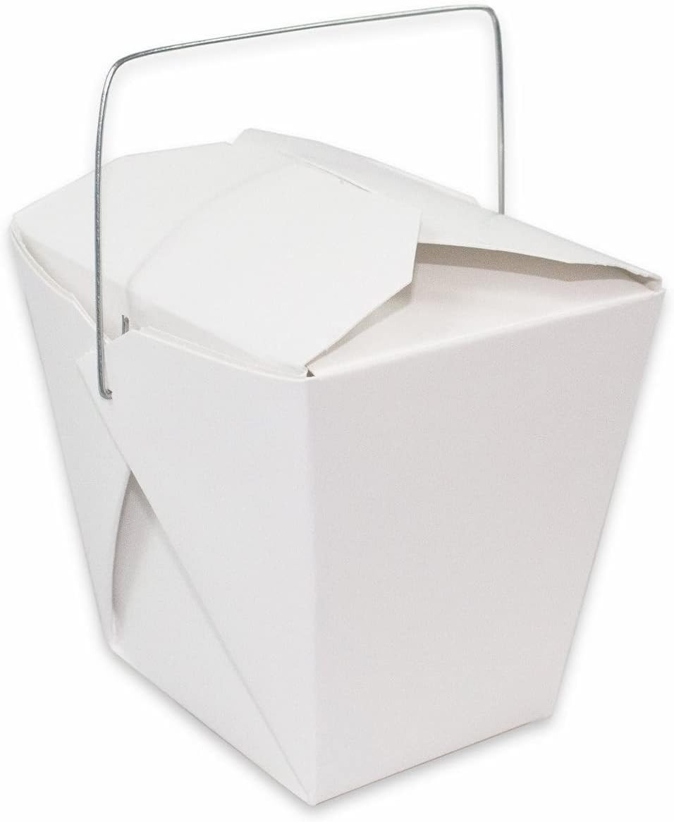 White Chinese Asian Paper Take Out Box with Wire Handle, Leak and Grease Resi…