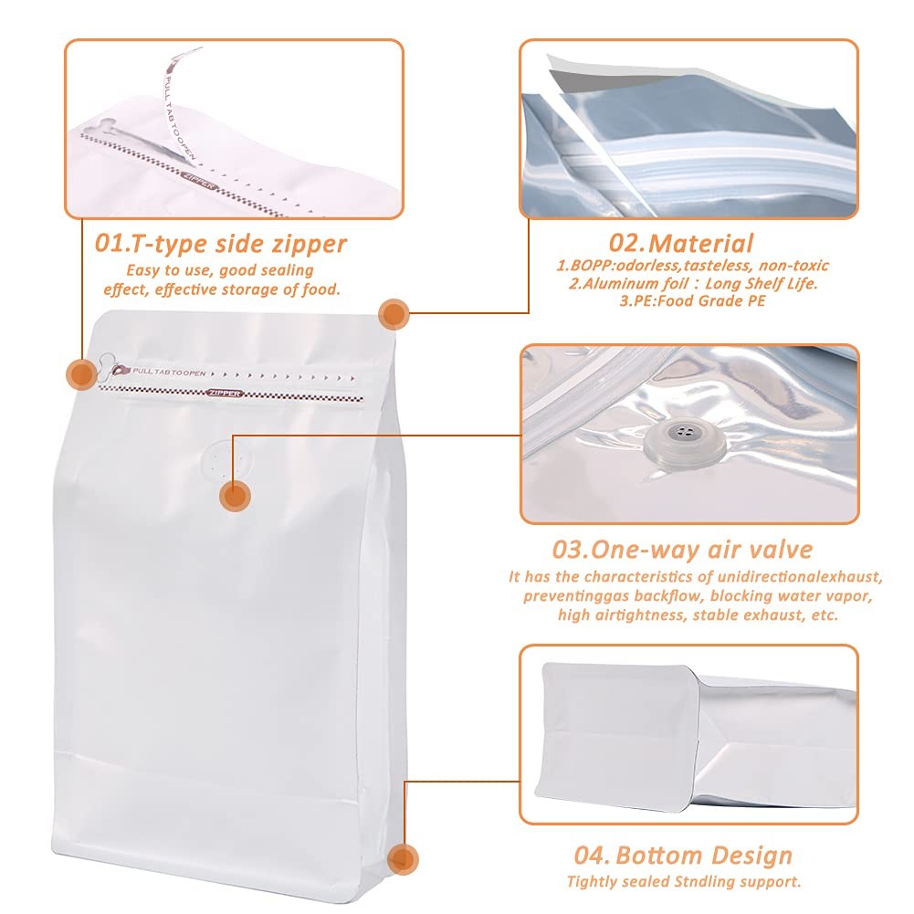 Coffee Bags with Valve(100pcs,16oz) White High Barrier Aluminumed Foil Flat B…
